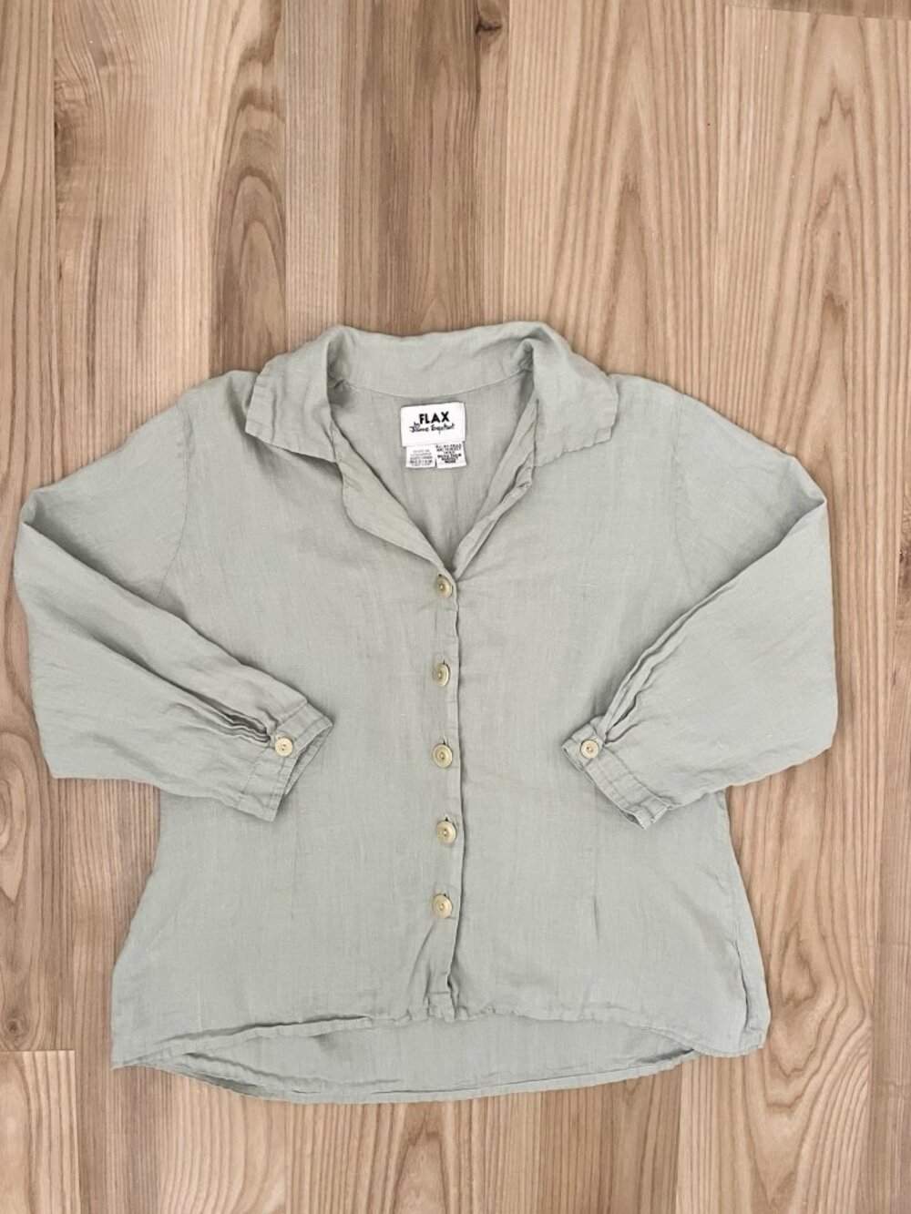 FLAX 100% Linen Button Front Shirt Top Blouse Lagenlook Sage Green size Medium